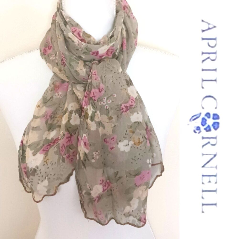 VTG April Cornell Green/Pink Floral Print Scarf Rayon Crepe Made India 15X58